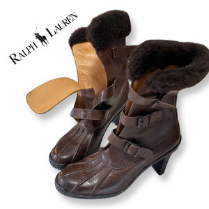 RALPH LAUREN BOOTS SIZE 7.5 B BROWN GENUINE LEATHER FUR TRIM MADE IN ITALY